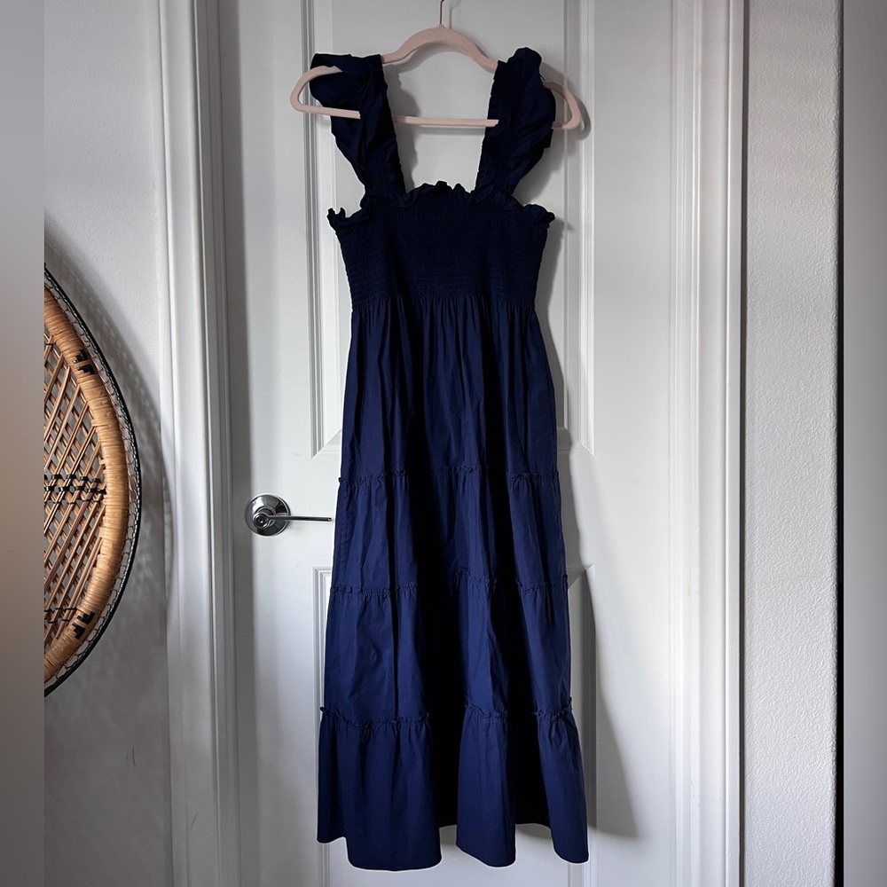 Hill House The Nap Dress - Smocked Ruffle Sleeve Midi Dress - Navy - Picture 4 of 11